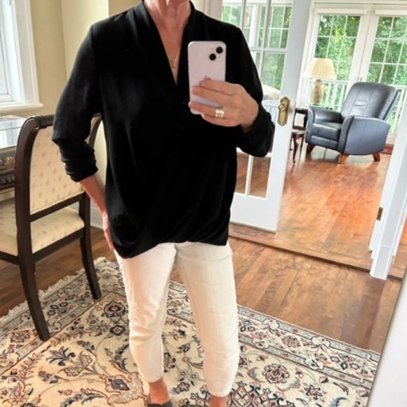 Draped Surplice Neck Black_Blouse - Picture 2 of 3